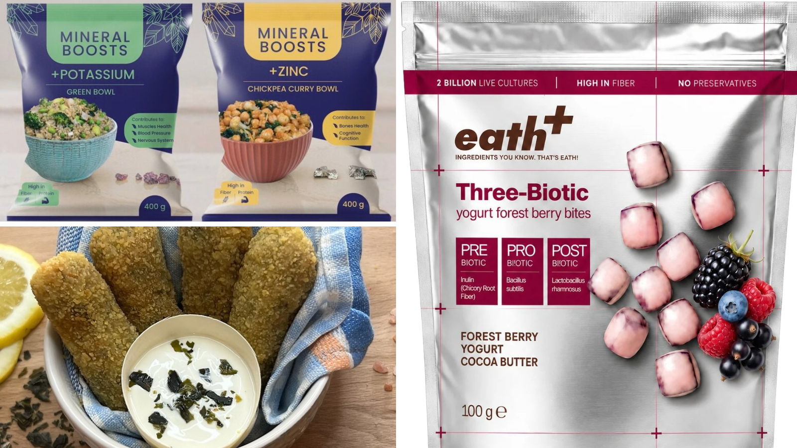 Diepvriesmaaltijden met toegevoegde mineralen, yoghurtsnacks met pre-, pro- en postbiotica en fingerfood met spirulina